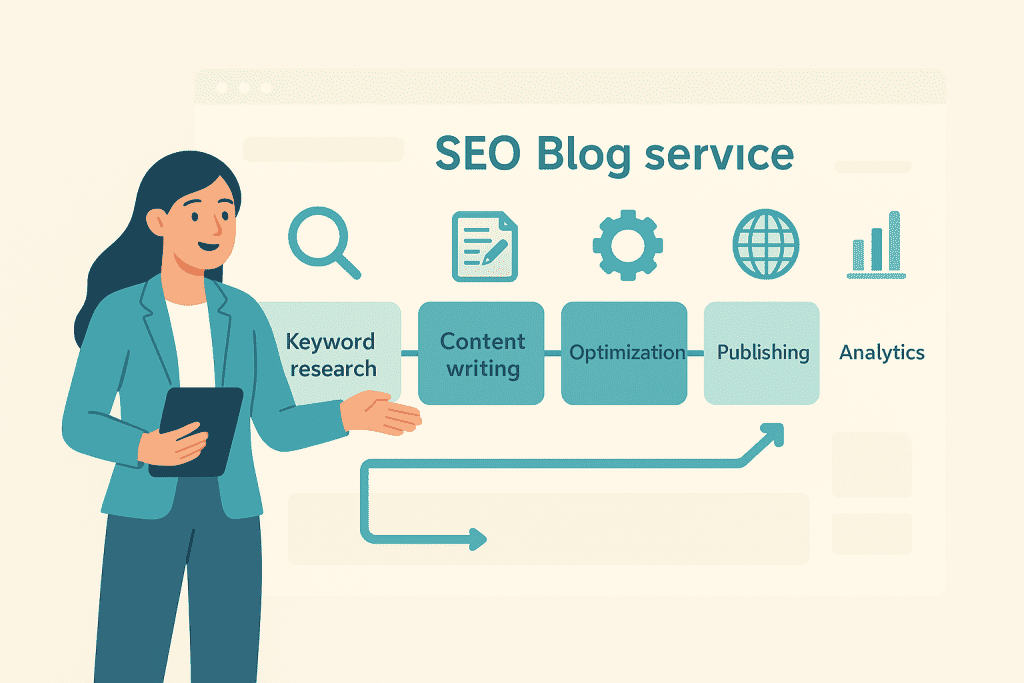 A woman discussing SEO blog service features like keyword research, content writing, optimization, publishing, and analytics to boost organic growth.
