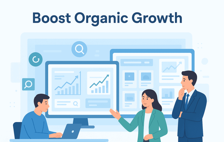 A diagram showing how an SEO blog service works to boost organic growth, including keyword research, content creation, optimization, publishing, and analytics.