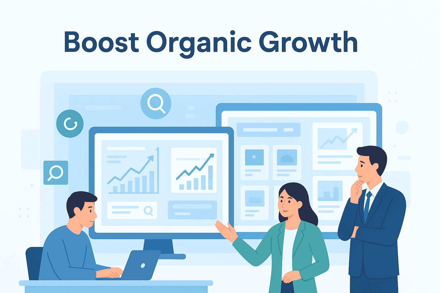 A diagram showing how an SEO blog service works to boost organic growth, including keyword research, content creation, optimization, publishing, and analytics.