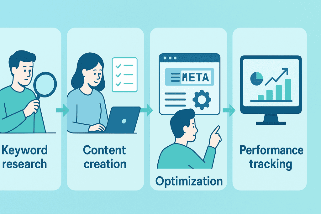 Illustrations depicting the key steps in an SEO blog service: keyword research, content creation, optimization, and performance tracking.