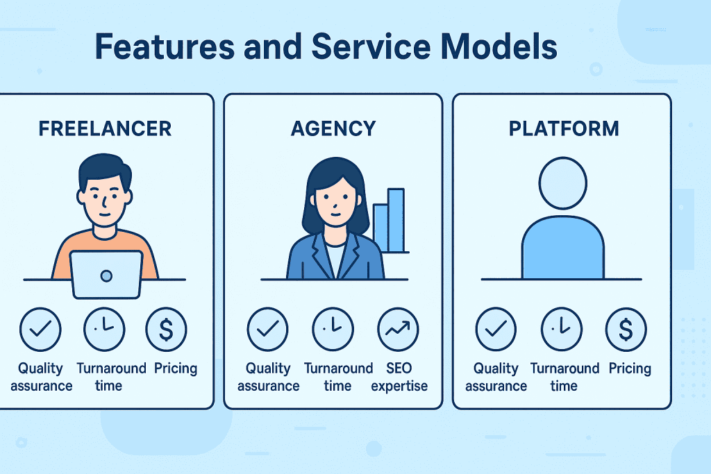Three service models - freelancer, agency, and platform - highlighting their respective features and service levels for quality, turnaround time, and pricing.