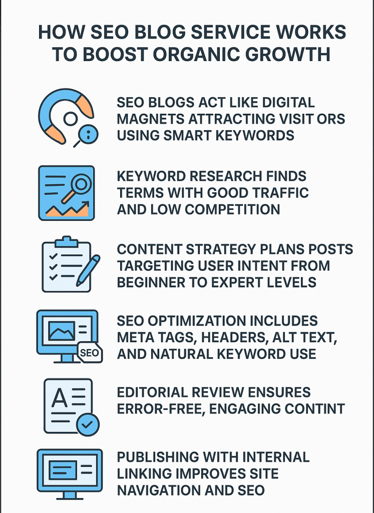 An infographic detailing the components of an SEO blog service, such as using smart keywords, optimizing content, and publishing with internal linking.