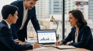 Three business professionals, two men and one woman, discussing financial data and documents in an office setting.