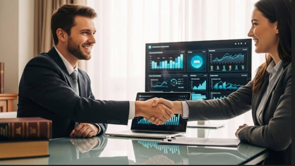 Two business professionals shaking hands in front of a computer displaying financial data and analytics.