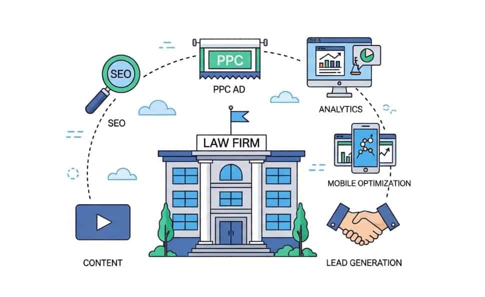 Various digital marketing services that a law firm can utilize, including SEO, PPC advertising, analytics, mobile optimization, content creation, and lead generation.