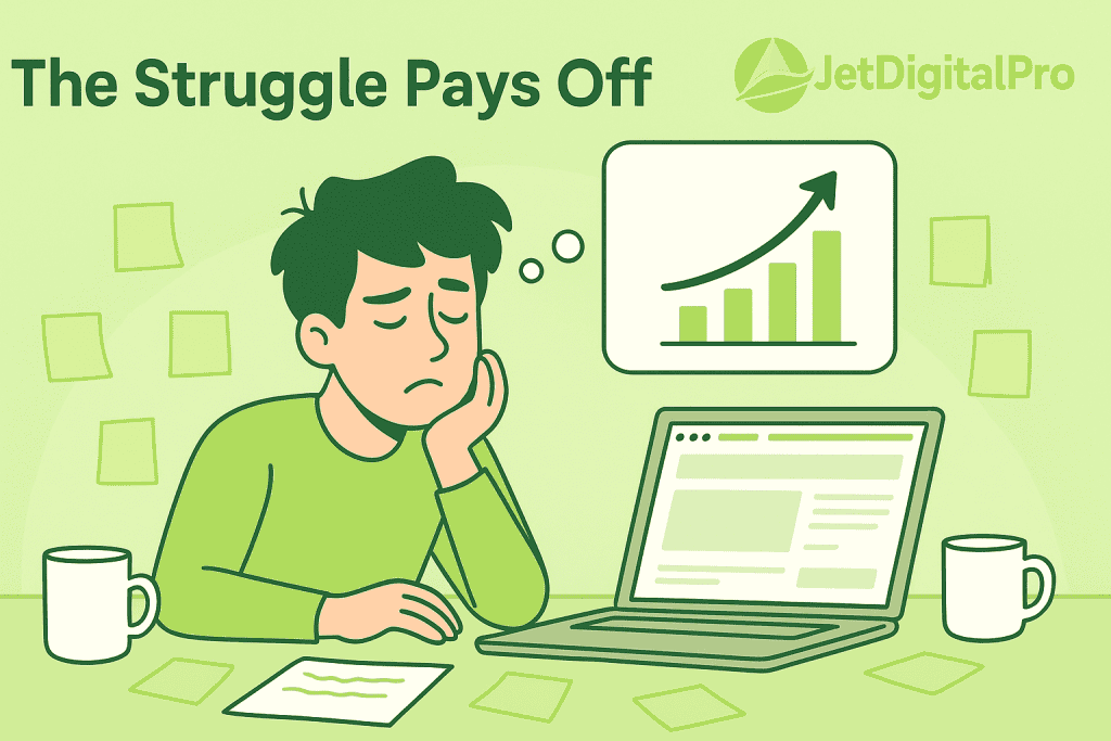 A frustrated man sits at a desk, surrounded by papers and a laptop, representing the "The Struggle Pays Off" message, emphasizing the hard work and dedication required for a successful monthly SEO blog writing plan.