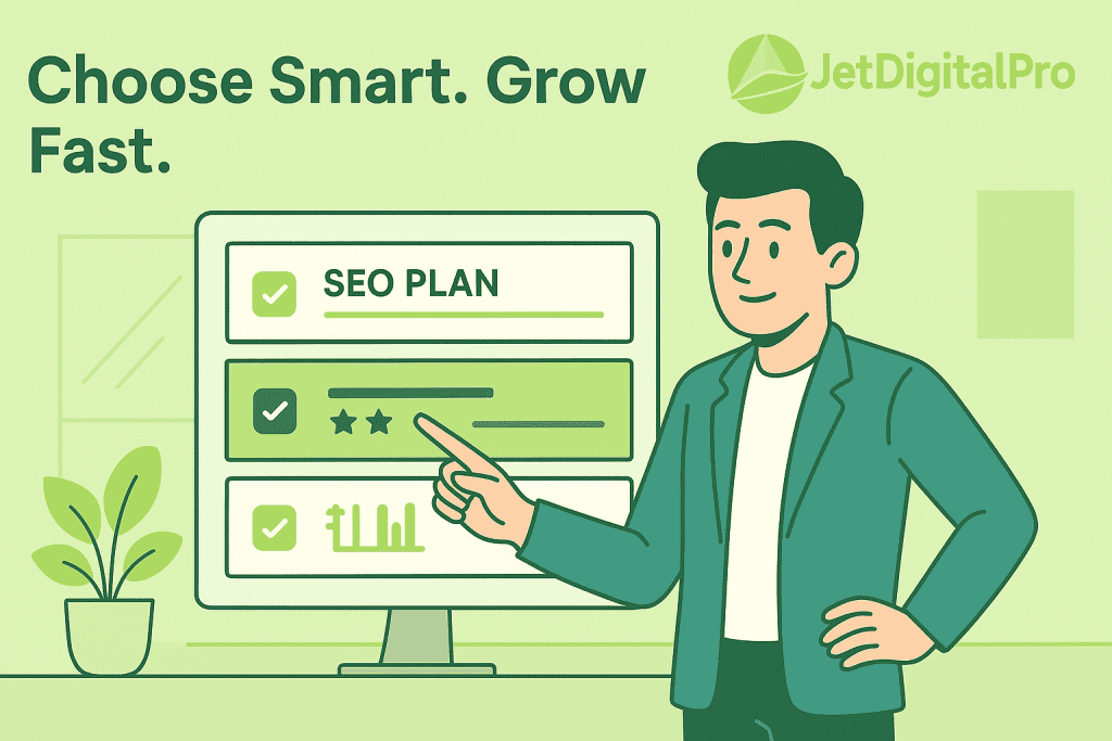 A smiling man pointing to a screen displaying a "SEO Plan" with various checkmarks and a growth chart, highlighting the benefits of a monthly SEO blog writing plan.