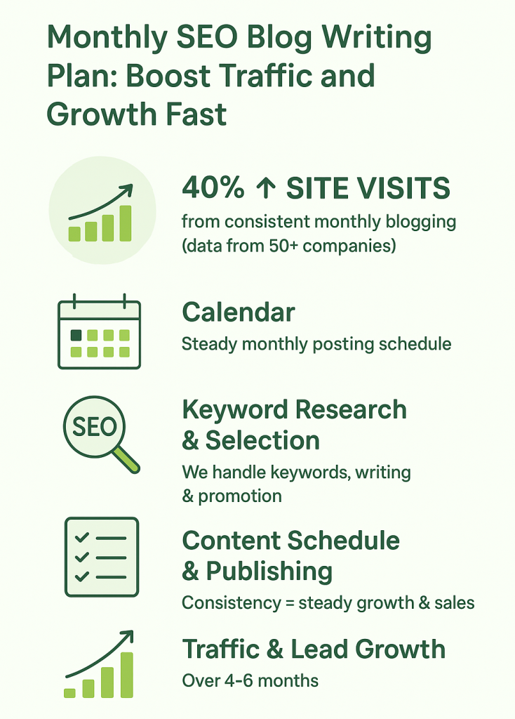 The text "Monthly SEO Blog Writing Plan: Boost Traffic and Growth Fast" is displayed, along with statistics and information about the benefits of consistent monthly blogging for SEO.