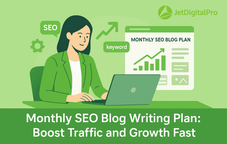 A woman working on a laptop, with icons and graphics representing the key elements of a monthly SEO blog writing plan, including keyword research, content schedule, and traffic growth.