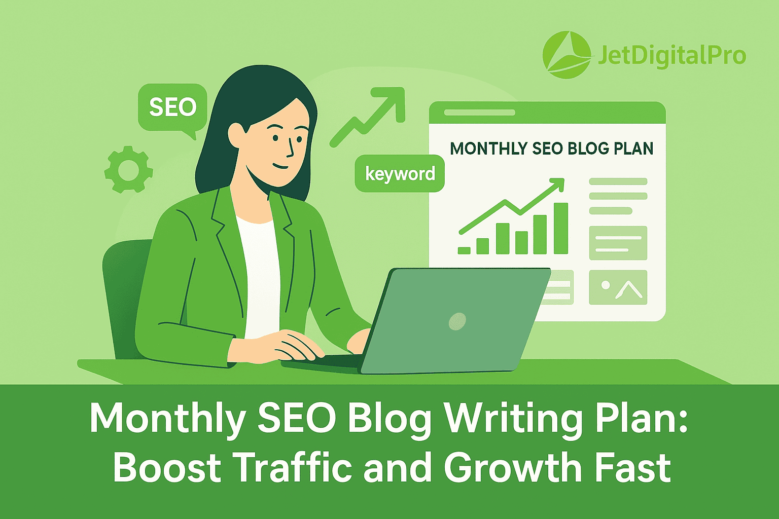 A woman working on a laptop, with icons and graphics representing the key elements of a monthly SEO blog writing plan, including keyword research, content schedule, and traffic growth.