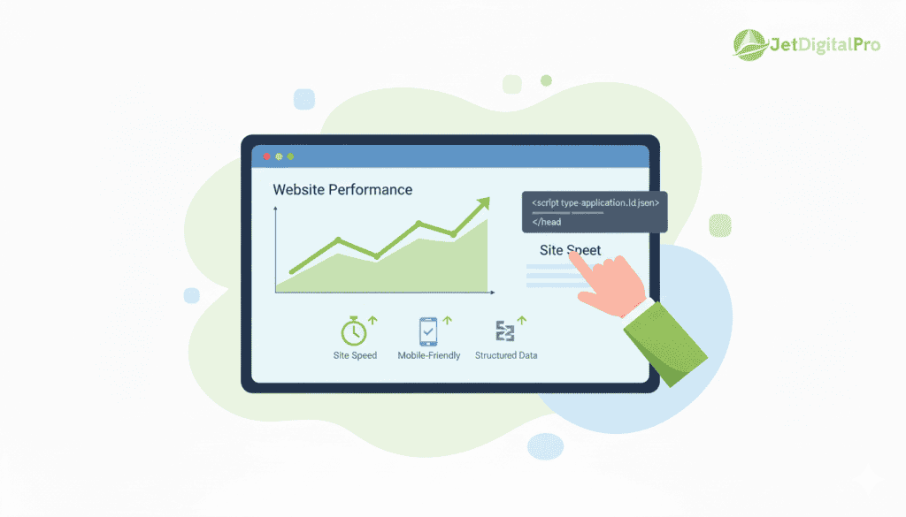 Website Performance: Upward trending graph showcasing key metrics like site speed, mobile-friendliness, and structured data for effective SEO.