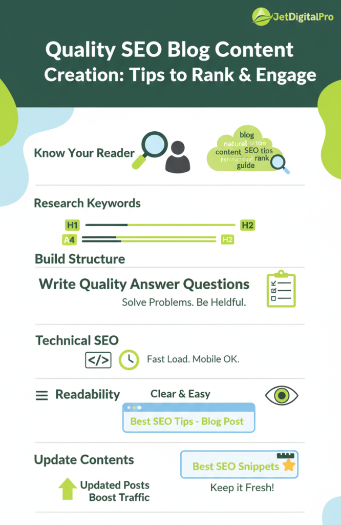 Infographic explaining about quality SEO blog content creation guide