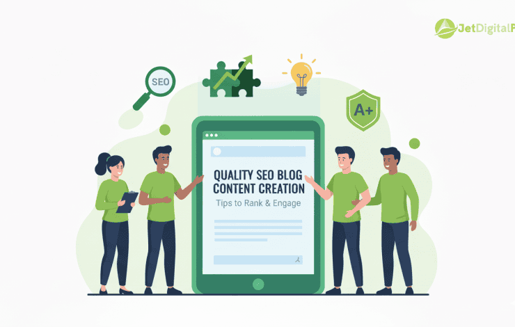 Quality SEO Blog Content Creation: Team of diverse individuals collaborating to create high-performing, search-optimized blog content.