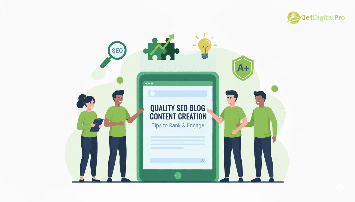 Quality SEO Blog Content Creation: Team of diverse individuals collaborating to create high-performing, search-optimized blog content.