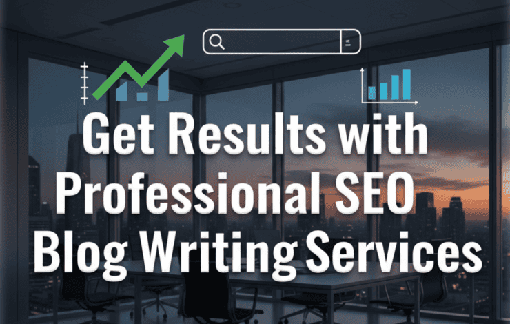 Image of a modern office with graphs and charts, highlighting the benefits of "SEO Blog Writing Services" for achieving results.