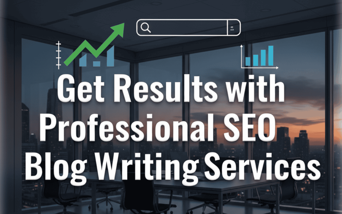 Image of a modern office with graphs and charts, highlighting the benefits of "SEO Blog Writing Services" for achieving results.