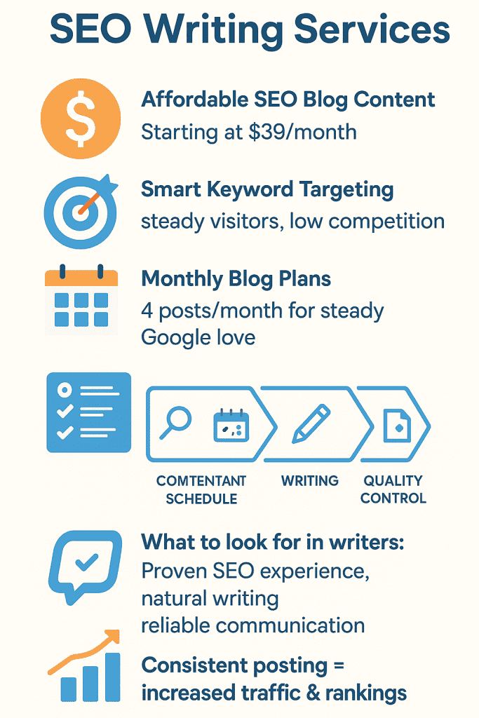 Infographic outlining "SEO Blog Writing Services," including pricing, keyword targeting, and monthly blog plans for SEO success.