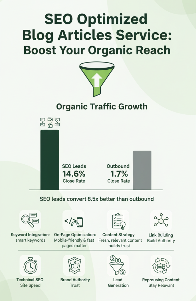 An infographic showcasing the benefits of the SEO-optimized blog articles service, including increased organic reach, SEO lead conversion, and brand authority.