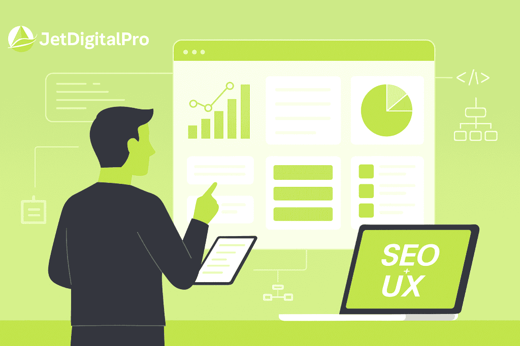 A visual representation of the key elements of SEO and UX, demonstrating the synergy between search engine optimization and user experience design.