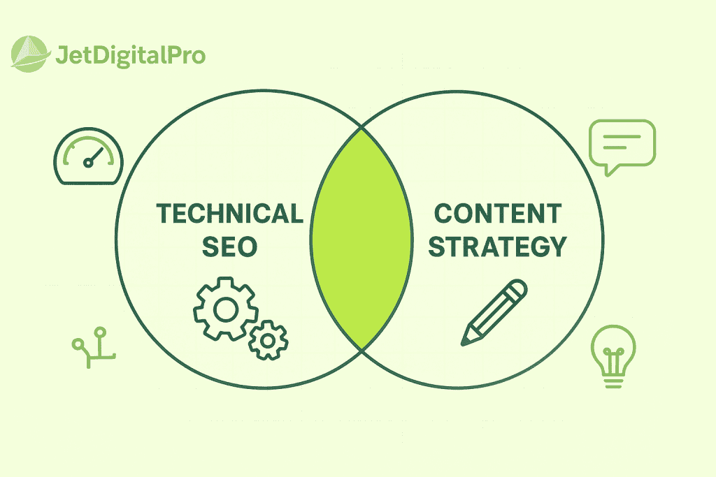 A Venn diagram illustrating the intersection of technical SEO and content strategy, highlighting the importance of both for effective digital marketing.
