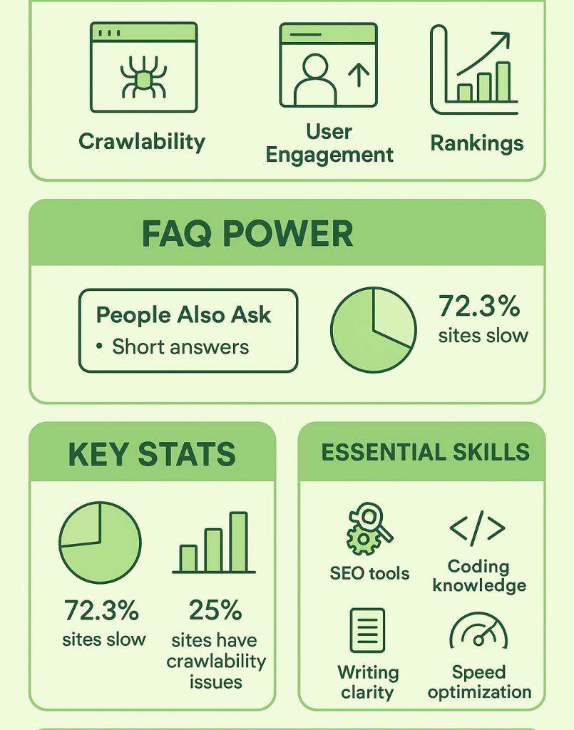 SEO benefits including crawlability, user engagement, and rankings, as well as FAQ power and essential skills like coding and writing.