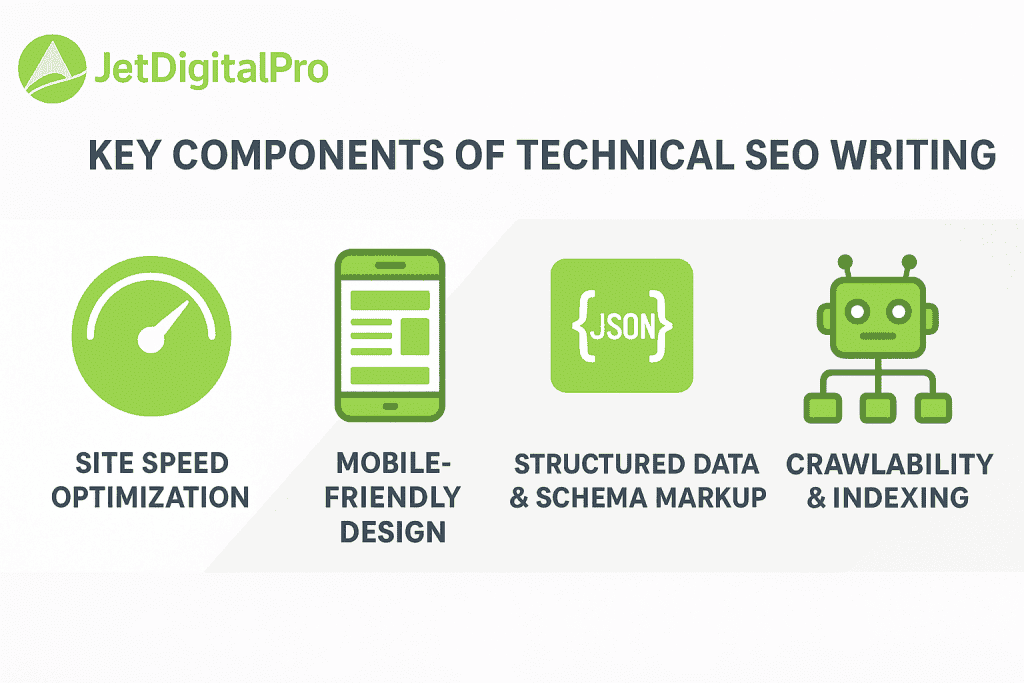 Key components of technical SEO writing including site speed optimization, mobile-friendly design, structured data markup, and crawlability