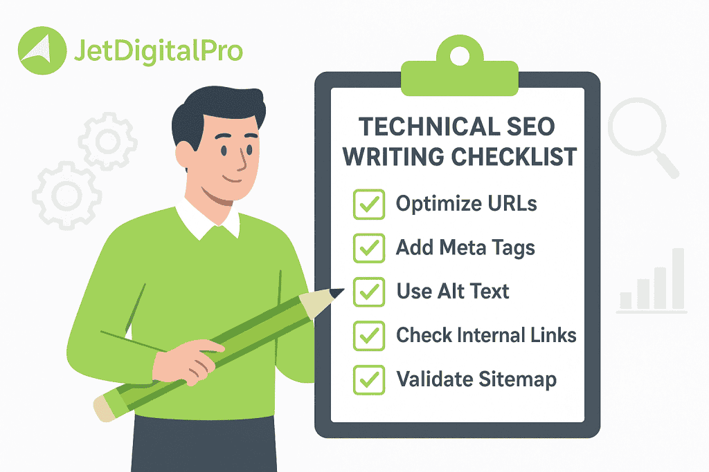 Technical SEO writing checklist showing optimize URLs, add meta tags, use alt text, check internal links, and validate sitemap tasks