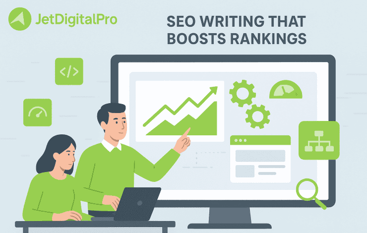 SEO writing that boosts rankings displayed with upward graph, gears, speedometer, and site structure icons for optimization strategy