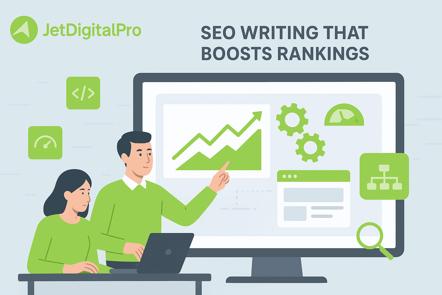 SEO writing that boosts rankings displayed with upward graph, gears, speedometer, and site structure icons for optimization strategy