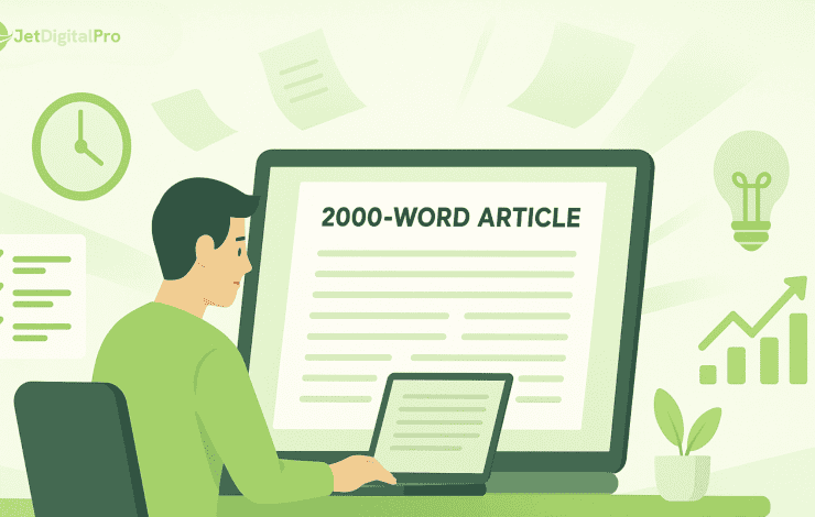 Professional writer creating a 2000-word article on a computer, showcasing efficient 2000-word article writing service