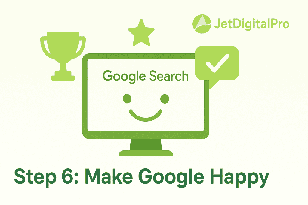SEO strategy graphic showing how to make Google happy with pillar page optimization and search engine ranking techniques