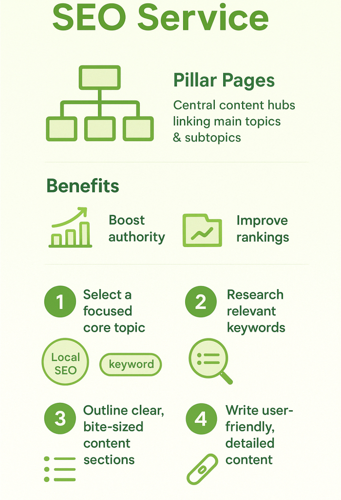 Infographic illustrating SEO service steps for creating pillar pages with hierarchical content structure and optimization tips