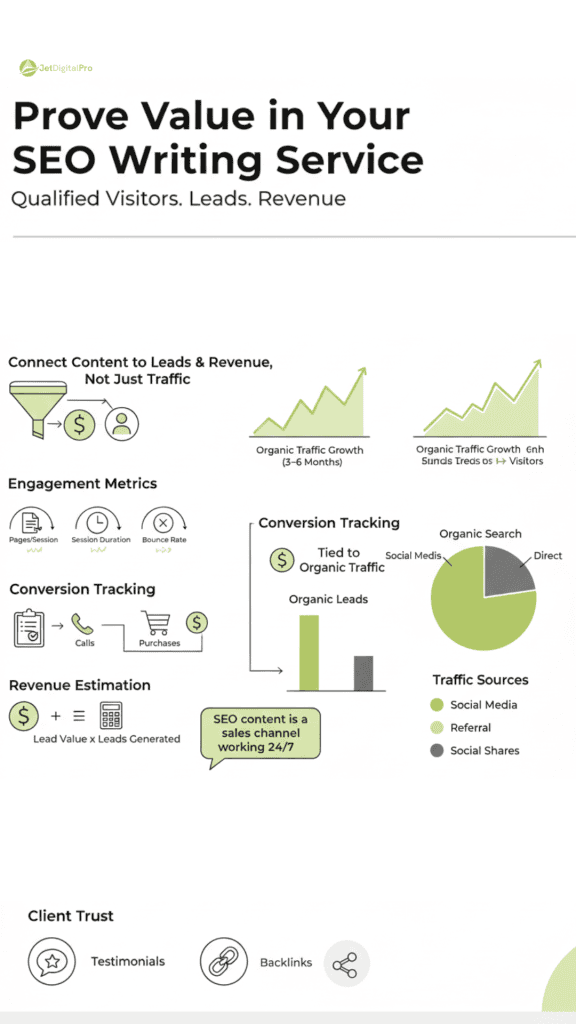 Showing traffic growth, higher conversions, and clearer performance metrics is one of the strongest ways of proving value SEO writing service to clients.