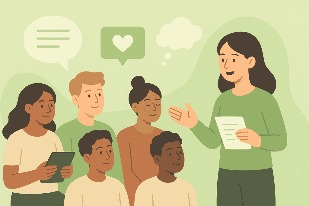 Diverse group of people in green tones listening to a presenter, representing collaborative long-form content creation and audience interaction.