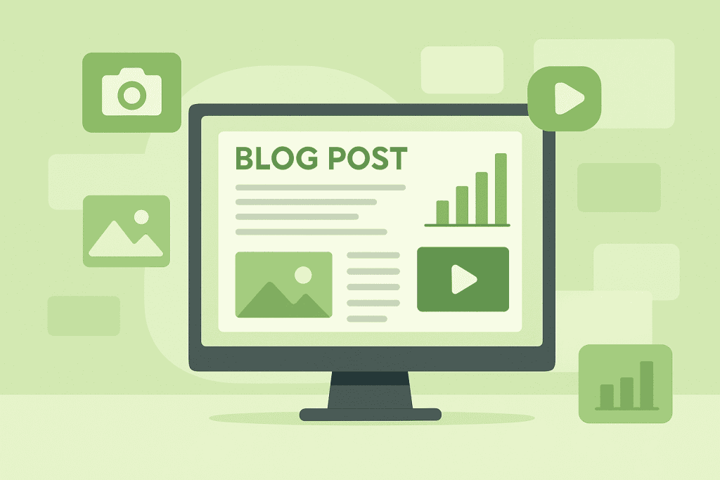 Computer screen displaying a blog post layout with images, text, and play button, illustrating effective long-form content design and engagement.