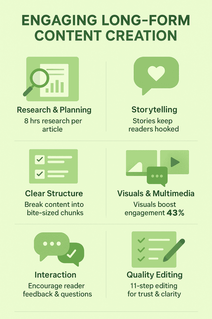 Green infographic showing six key strategies for creating engaging long-form content, including research, storytelling, and multimedia tips.