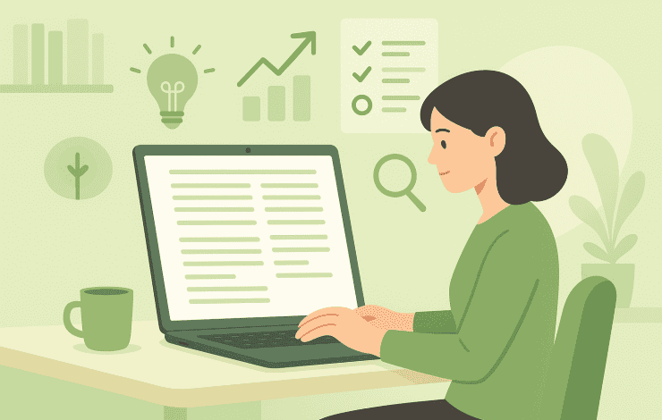 Woman working on laptop with productivity icons, demonstrating the process of researching and creating compelling long-form digital content.