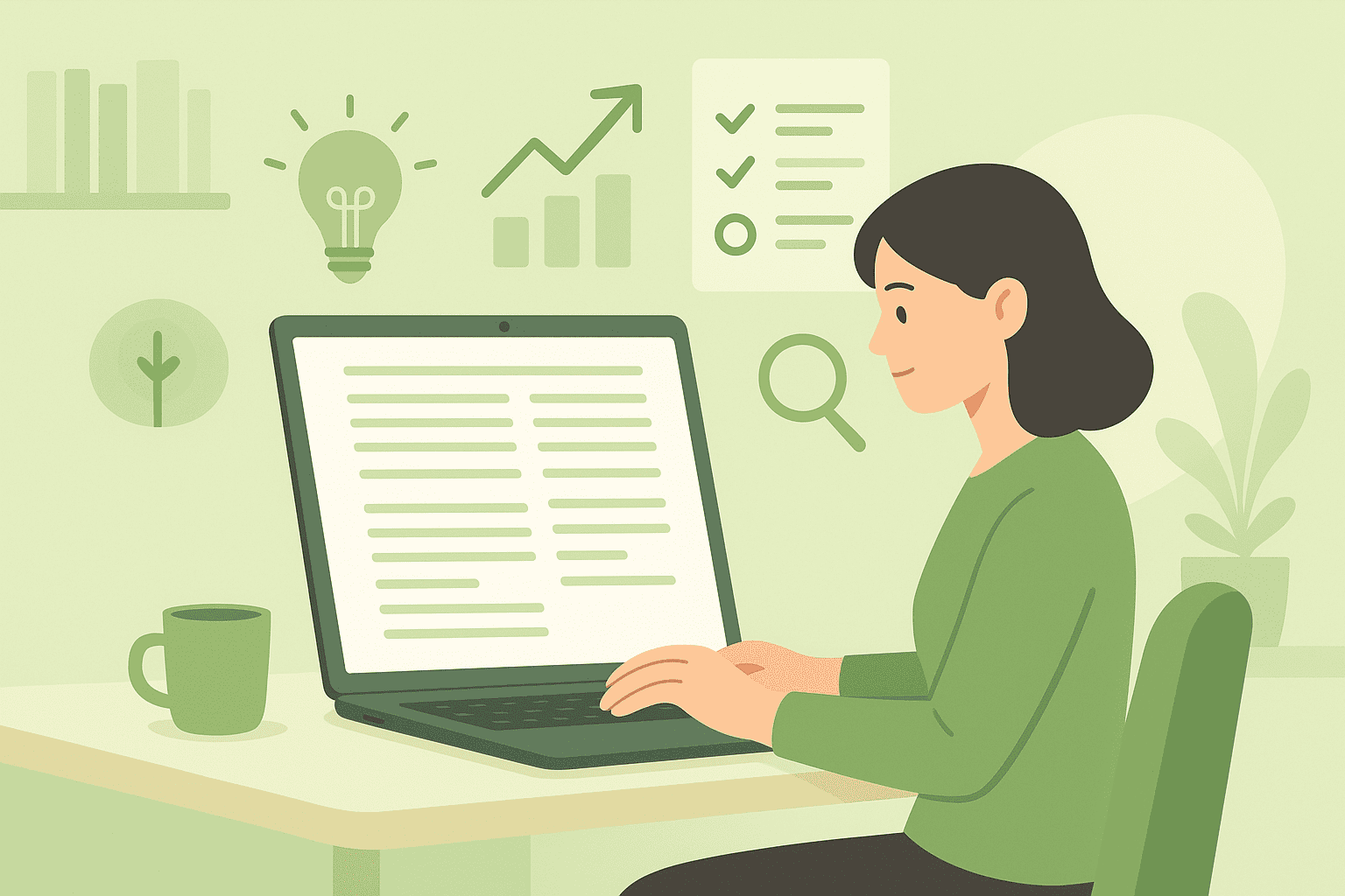 Woman working on laptop with productivity icons, demonstrating the process of researching and creating compelling long-form digital content.