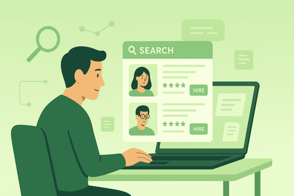 Hiring manager searching and reviewing potential writers online, comparing candidate profiles and ratings for long-form article creation.