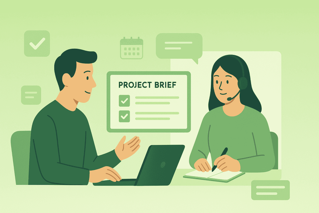 Two professionals discussing a project brief, illustrating the collaborative process of hiring and briefing writers for long-form content.