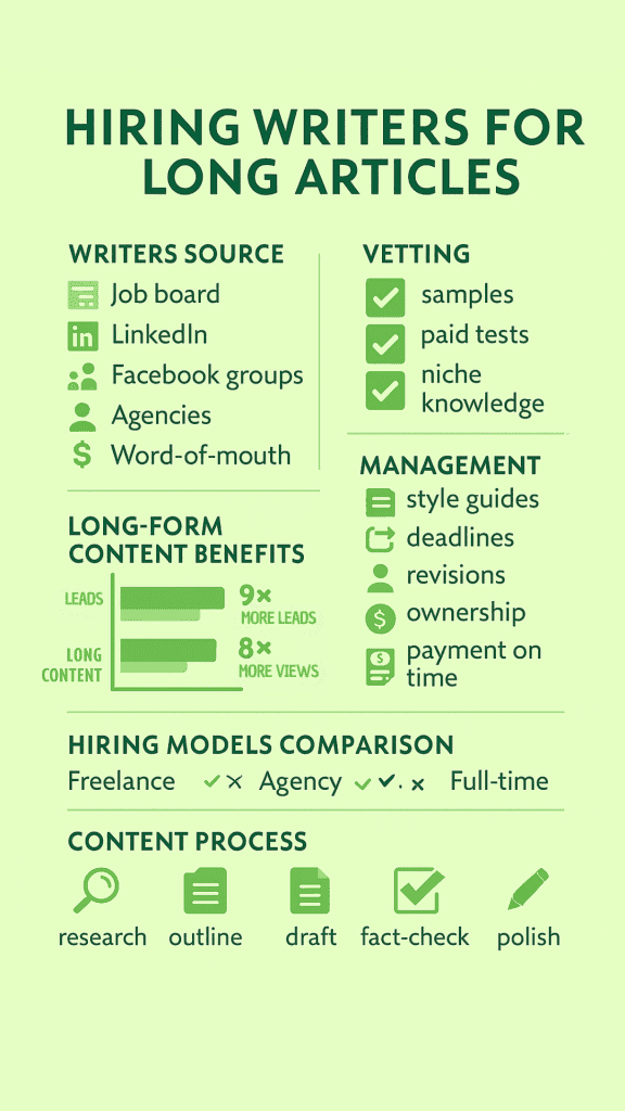 Infographic detailing strategies for hiring writers, sources for recruitment, content benefits, and management tips for long-form articles.