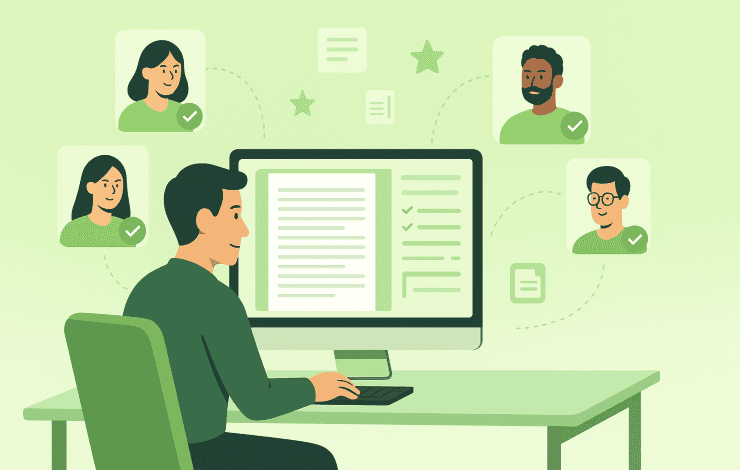 Detailed view of a hiring workflow, showing multiple writer profiles and selection process for recruiting writers for extensive articles.