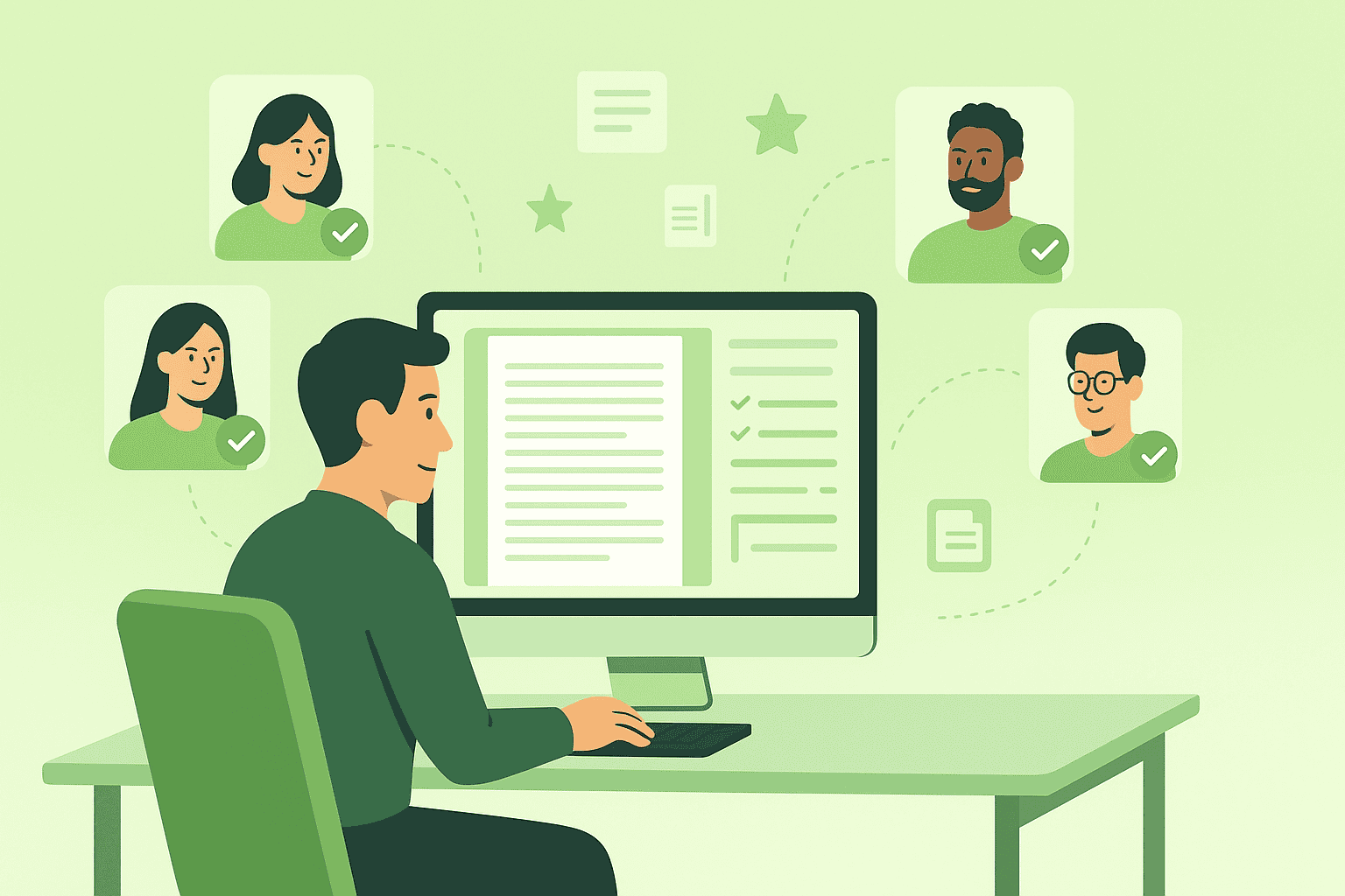 Detailed view of a hiring workflow, showing multiple writer profiles and selection process for recruiting writers for extensive articles.