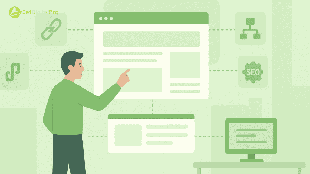 SEO professional designing content structure for comprehensive long-form article with interconnected web page elements