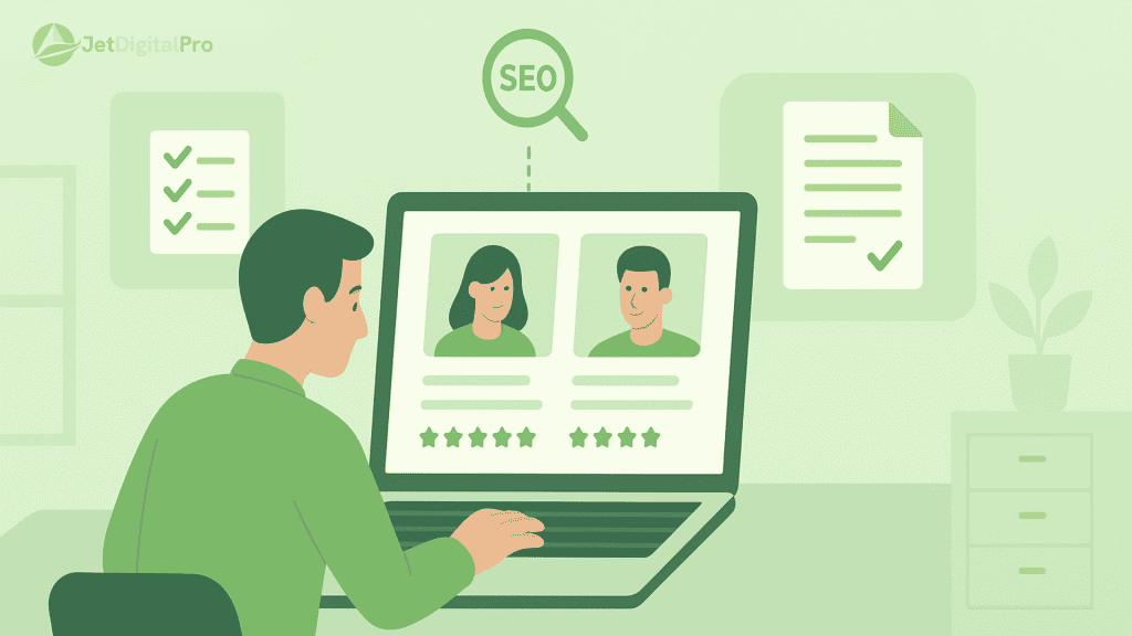 SEO expert reviewing user profiles and ratings while optimizing long-form content for maximum search visibility
