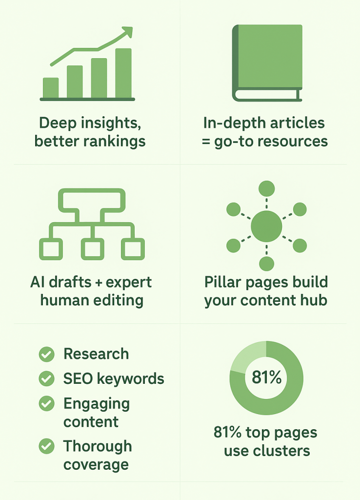 Infographic highlighting key strategies for creating high-performing long-form SEO articles with data-driven insights