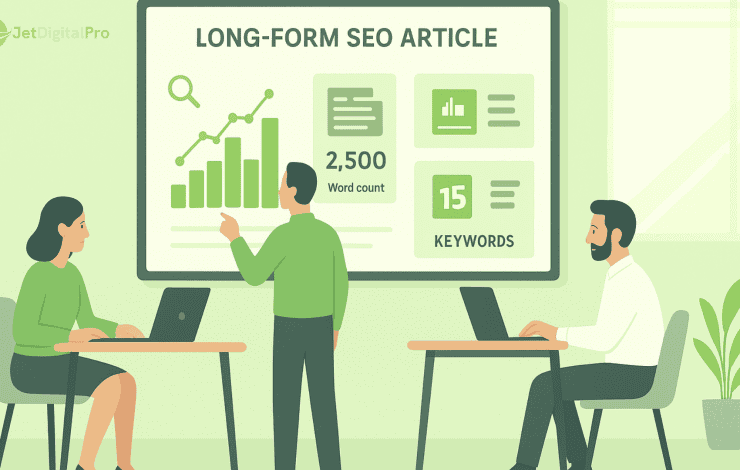 Team analyzing long-form SEO article metrics, showing 2,500-word count and 15 keywords for improved search engine rankings