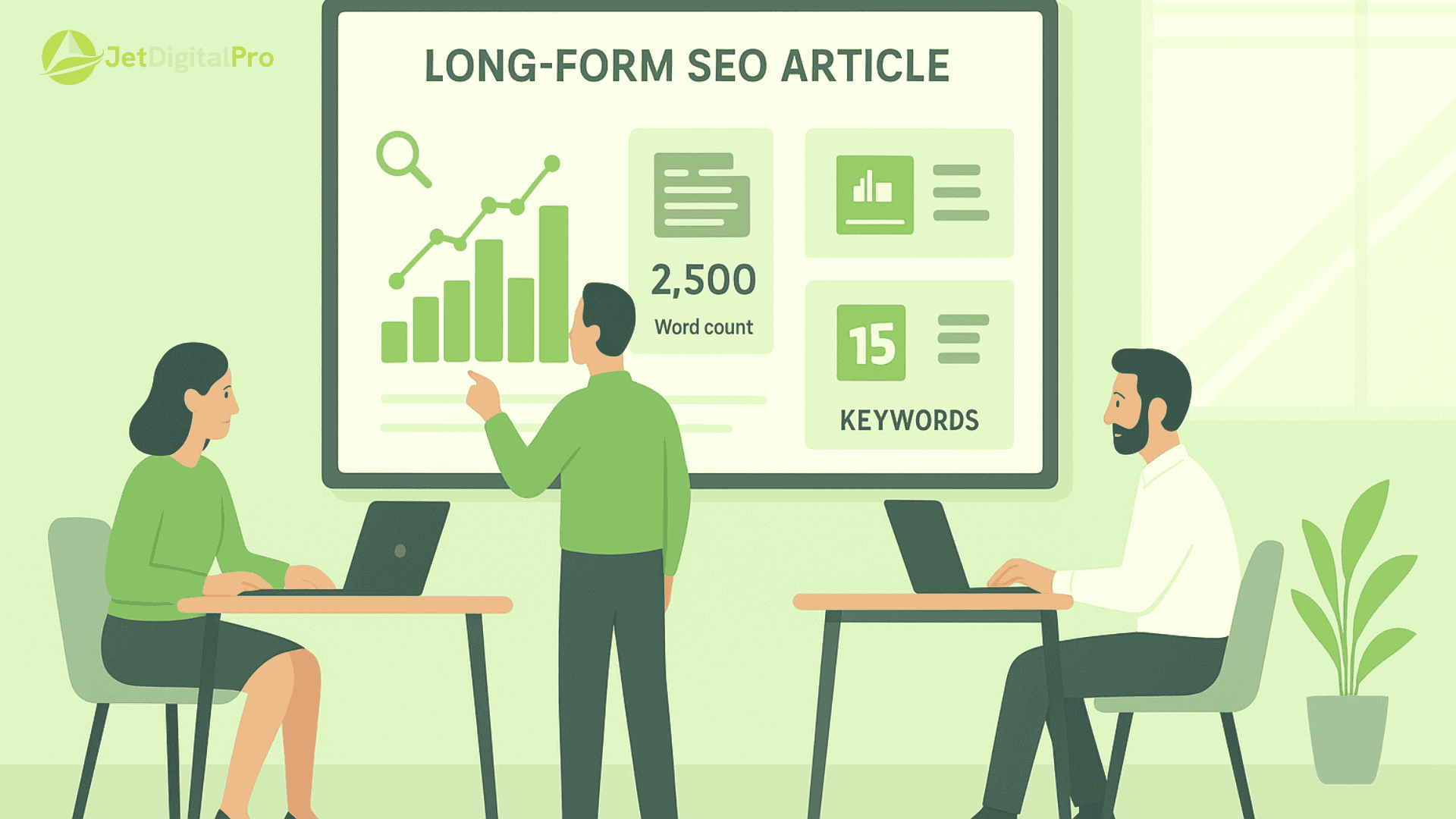 Team analyzing long-form SEO article metrics, showing 2,500-word count and 15 keywords for improved search engine rankings