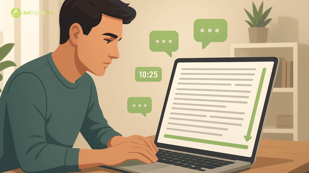 “Man working on laptop with text document displayed, indicating the importance of long-form content for SEO”.