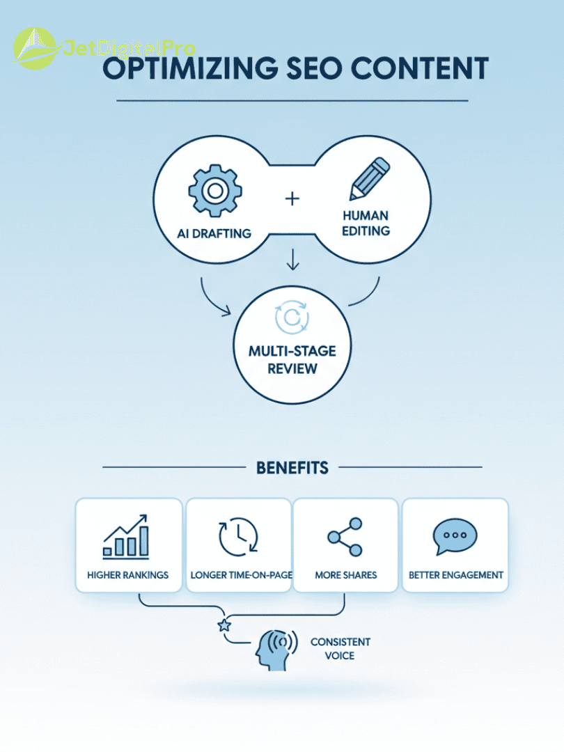"Optimizing SEO content through AI drafting, human editing, and multi-stage review, leading to higher rankings, longer time-on-page, more shares, and better engagement."